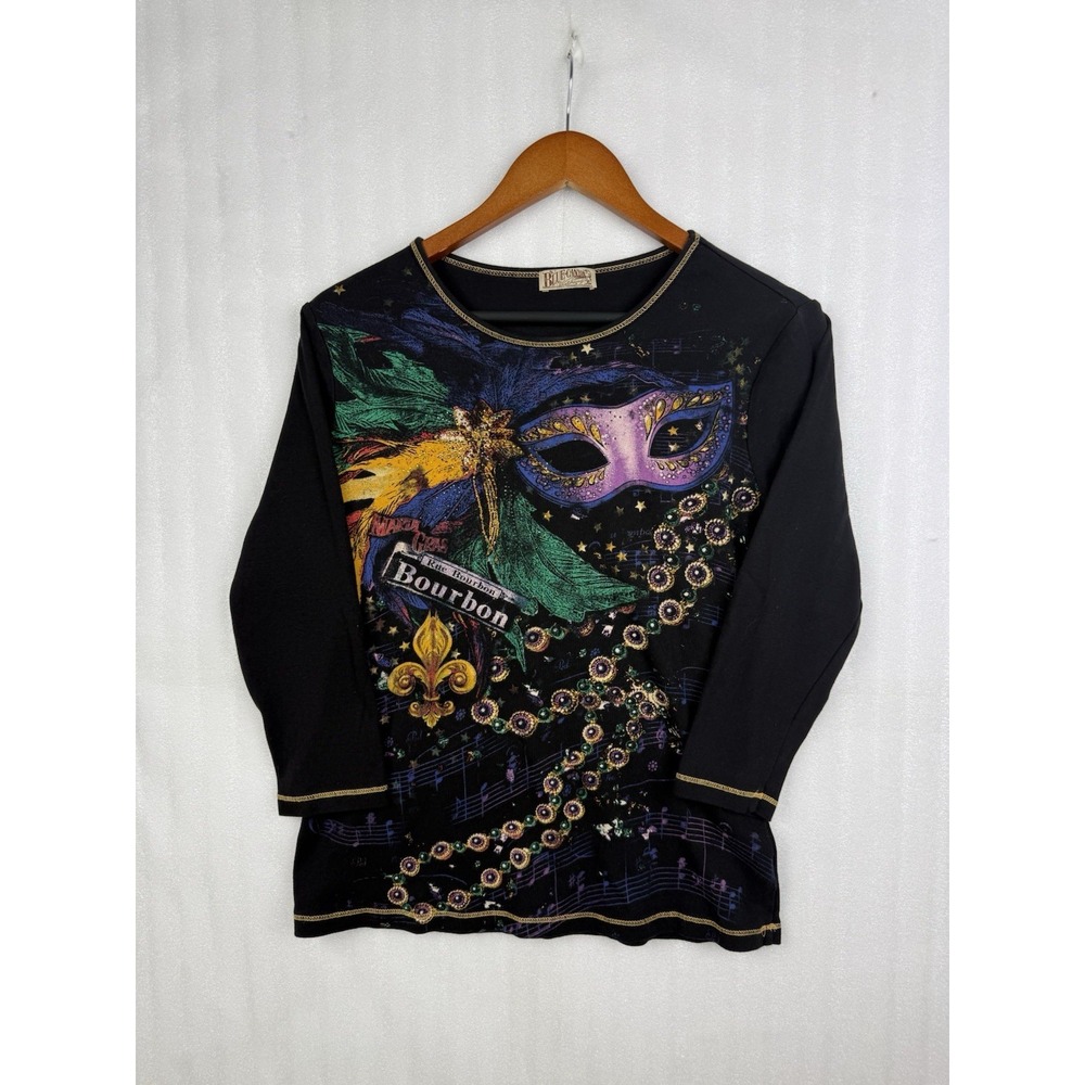 Y2K Blue Canyon Womens XL Mardi Gras Shirt Black 3/4 Sleeve Carnival Glitter